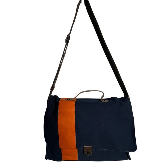 Pottery Barn Bradley Leather Canvas Messenger Laptop Bag Navy Orange - Picture 15 of 16